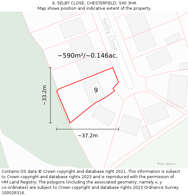 9, SELBY CLOSE, CHESTERFIELD, S40 3HA: Plot and title map