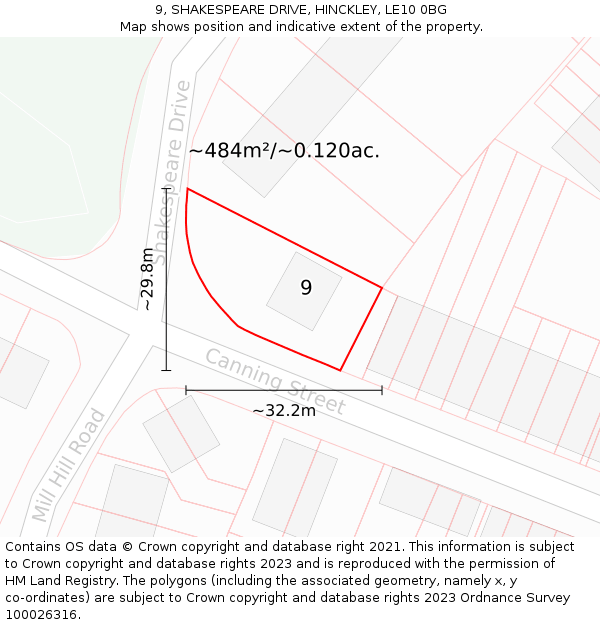 9, SHAKESPEARE DRIVE, HINCKLEY, LE10 0BG: Plot and title map