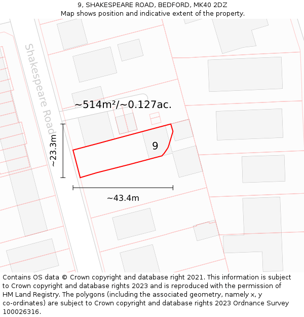 9, SHAKESPEARE ROAD, BEDFORD, MK40 2DZ: Plot and title map