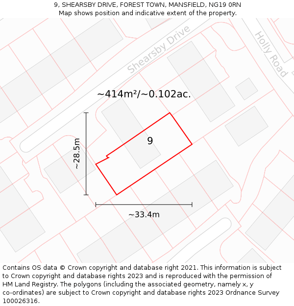 9, SHEARSBY DRIVE, FOREST TOWN, MANSFIELD, NG19 0RN: Plot and title map