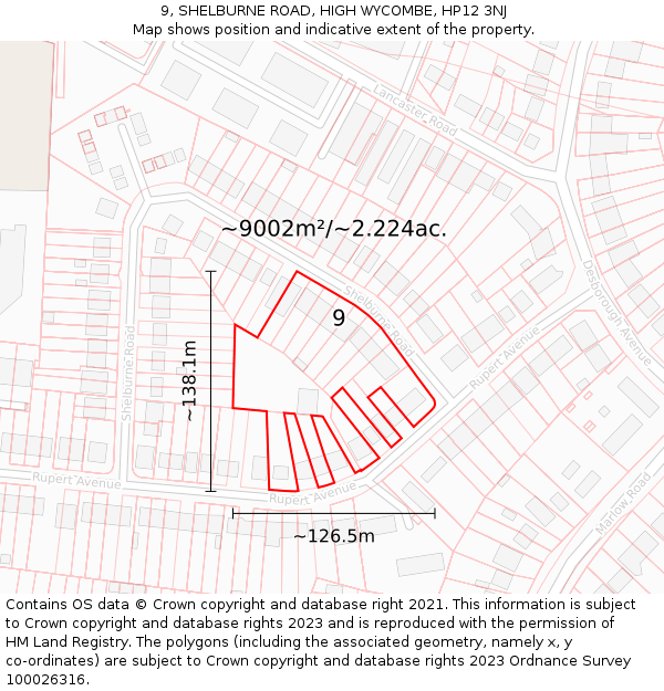 9, SHELBURNE ROAD, HIGH WYCOMBE, HP12 3NJ: Plot and title map