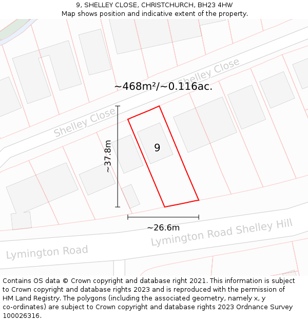 9, SHELLEY CLOSE, CHRISTCHURCH, BH23 4HW: Plot and title map