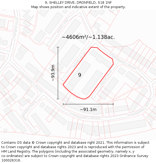9, SHELLEY DRIVE, DRONFIELD, S18 1NF: Plot and title map