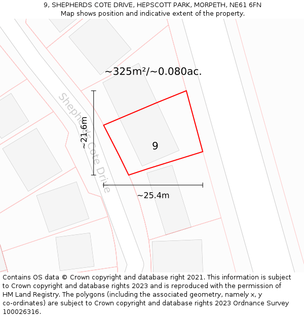 9, SHEPHERDS COTE DRIVE, HEPSCOTT PARK, MORPETH, NE61 6FN: Plot and title map