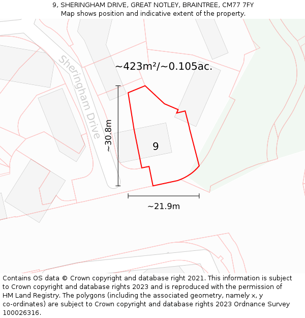 9, SHERINGHAM DRIVE, GREAT NOTLEY, BRAINTREE, CM77 7FY: Plot and title map