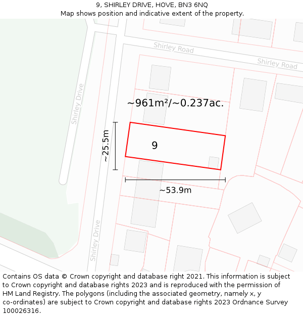 9, SHIRLEY DRIVE, HOVE, BN3 6NQ: Plot and title map