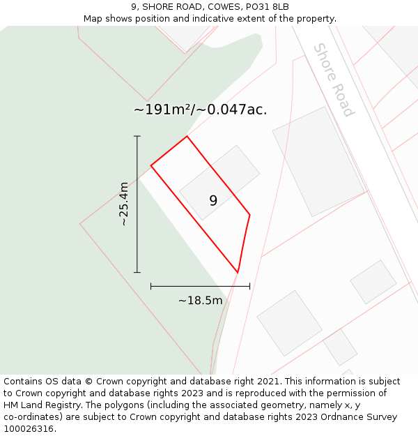 9, SHORE ROAD, COWES, PO31 8LB: Plot and title map