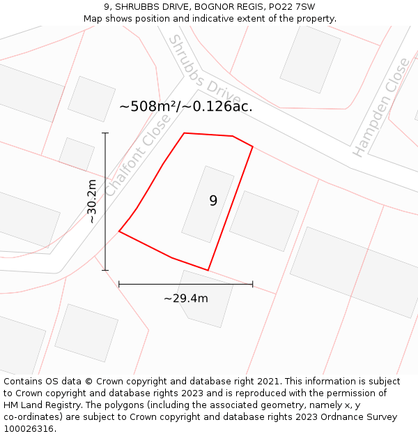 9, SHRUBBS DRIVE, BOGNOR REGIS, PO22 7SW: Plot and title map