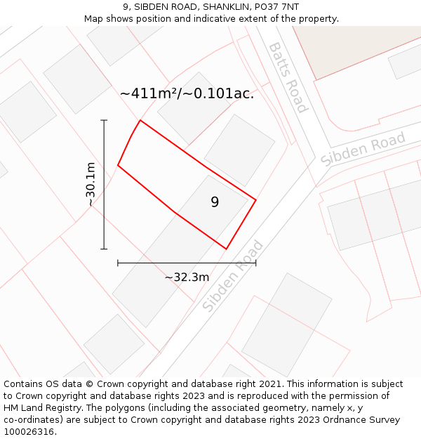 9, SIBDEN ROAD, SHANKLIN, PO37 7NT: Plot and title map