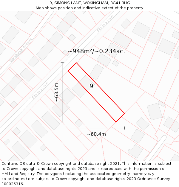 9, SIMONS LANE, WOKINGHAM, RG41 3HG: Plot and title map