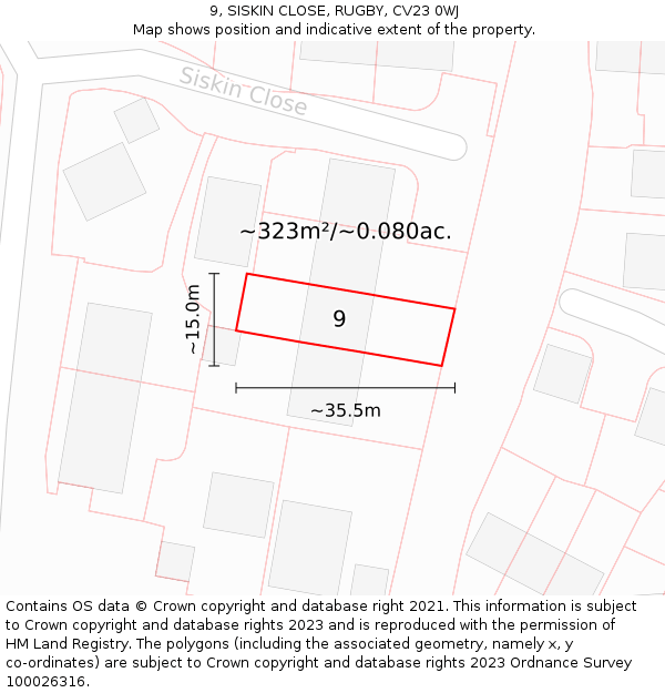 9, SISKIN CLOSE, RUGBY, CV23 0WJ: Plot and title map