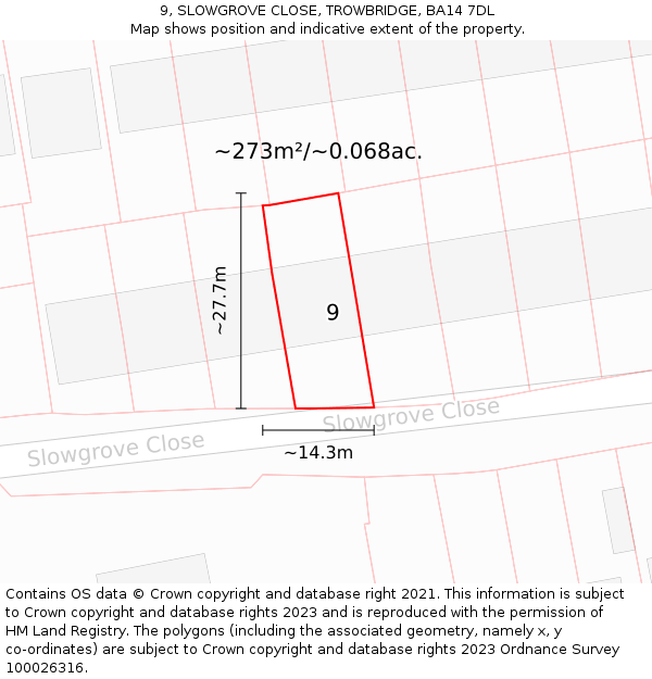 9, SLOWGROVE CLOSE, TROWBRIDGE, BA14 7DL: Plot and title map