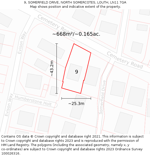 9, SOMERFIELD DRIVE, NORTH SOMERCOTES, LOUTH, LN11 7GA: Plot and title map