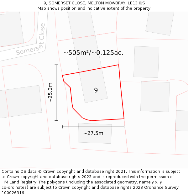 9, SOMERSET CLOSE, MELTON MOWBRAY, LE13 0JS: Plot and title map