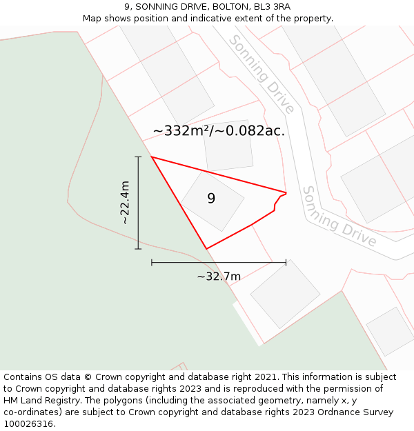9, SONNING DRIVE, BOLTON, BL3 3RA: Plot and title map