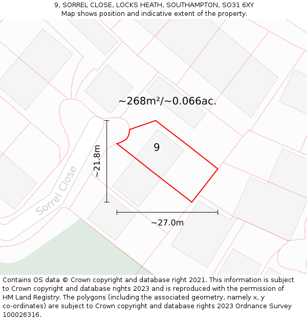 9, SORREL CLOSE, LOCKS HEATH, SOUTHAMPTON, SO31 6XY: Plot and title map