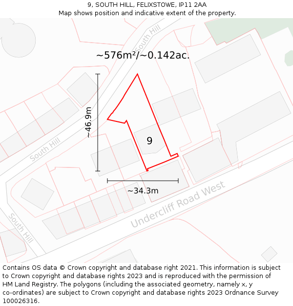 9, SOUTH HILL, FELIXSTOWE, IP11 2AA: Plot and title map