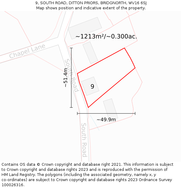 9, SOUTH ROAD, DITTON PRIORS, BRIDGNORTH, WV16 6SJ: Plot and title map