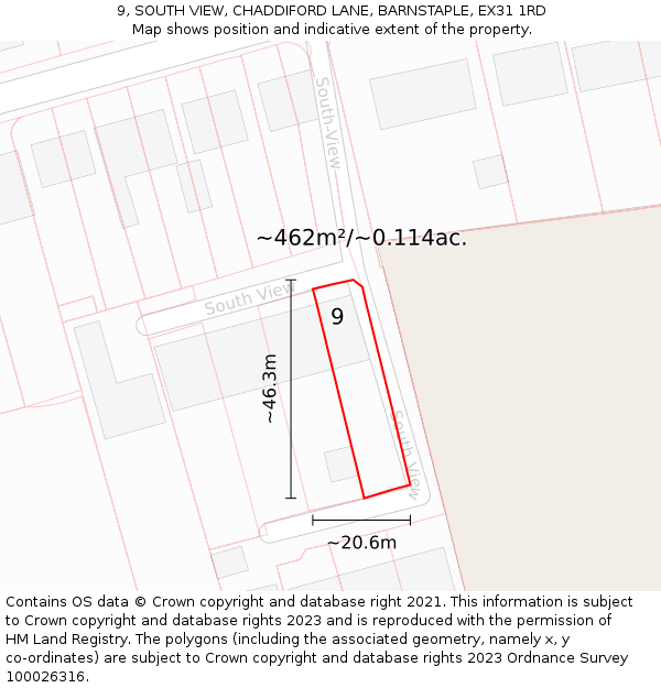 9, SOUTH VIEW, CHADDIFORD LANE, BARNSTAPLE, EX31 1RD: Plot and title map