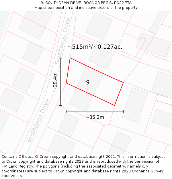 9, SOUTHDEAN DRIVE, BOGNOR REGIS, PO22 7TA: Plot and title map