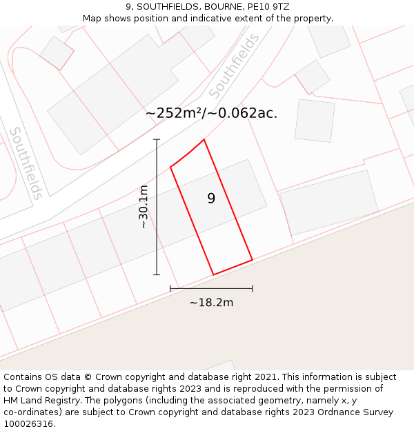 9, SOUTHFIELDS, BOURNE, PE10 9TZ: Plot and title map