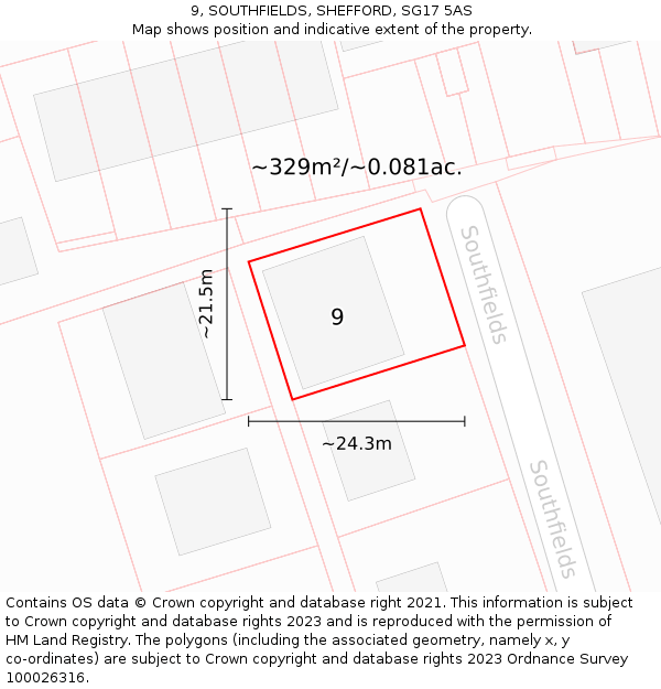 9, SOUTHFIELDS, SHEFFORD, SG17 5AS: Plot and title map