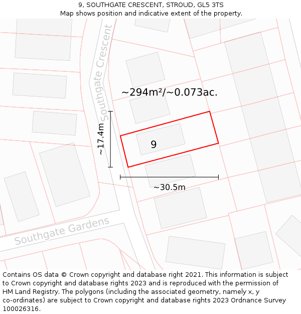 9, SOUTHGATE CRESCENT, STROUD, GL5 3TS: Plot and title map