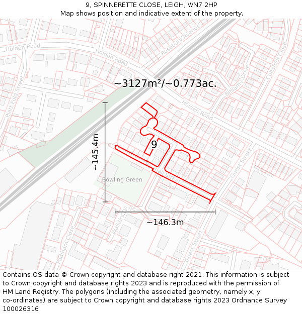 9, SPINNERETTE CLOSE, LEIGH, WN7 2HP: Plot and title map