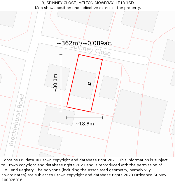 9, SPINNEY CLOSE, MELTON MOWBRAY, LE13 1SD: Plot and title map