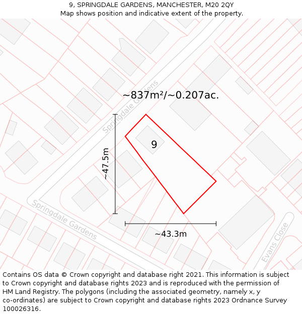 9, SPRINGDALE GARDENS, MANCHESTER, M20 2QY: Plot and title map