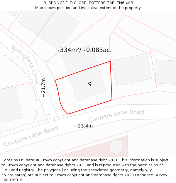 9, SPRINGFIELD CLOSE, POTTERS BAR, EN6 4AB: Plot and title map
