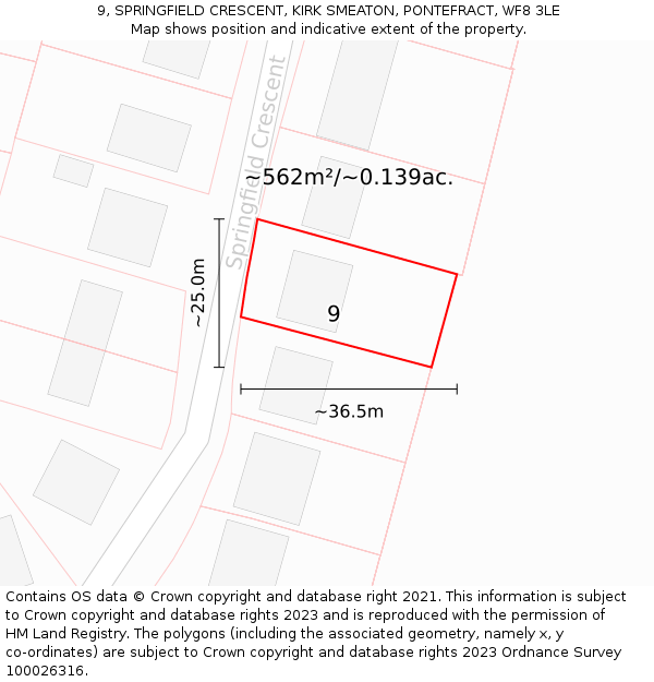 9, SPRINGFIELD CRESCENT, KIRK SMEATON, PONTEFRACT, WF8 3LE: Plot and title map