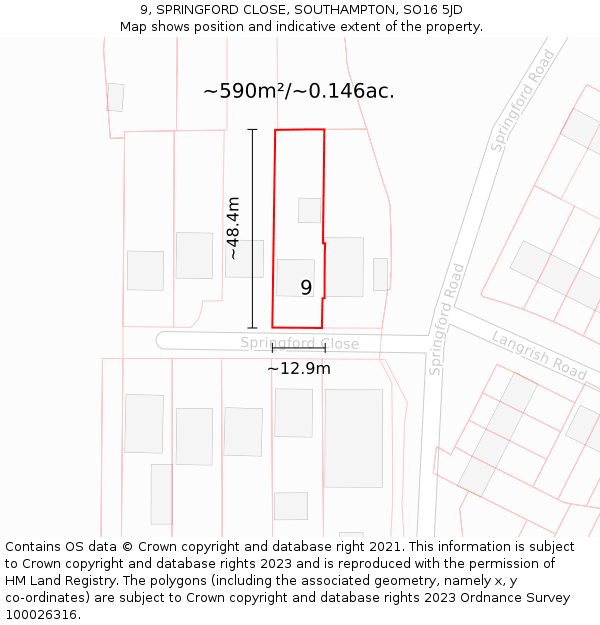 9, SPRINGFORD CLOSE, SOUTHAMPTON, SO16 5JD: Plot and title map