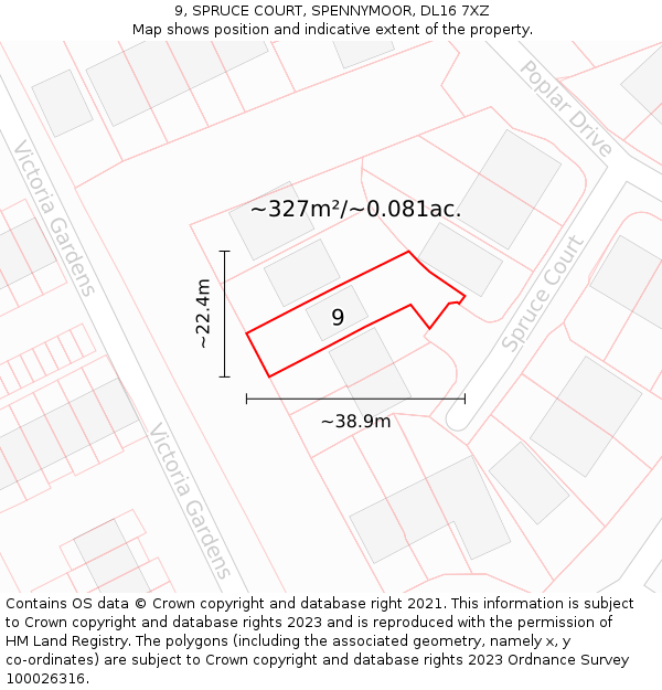 9, SPRUCE COURT, SPENNYMOOR, DL16 7XZ: Plot and title map