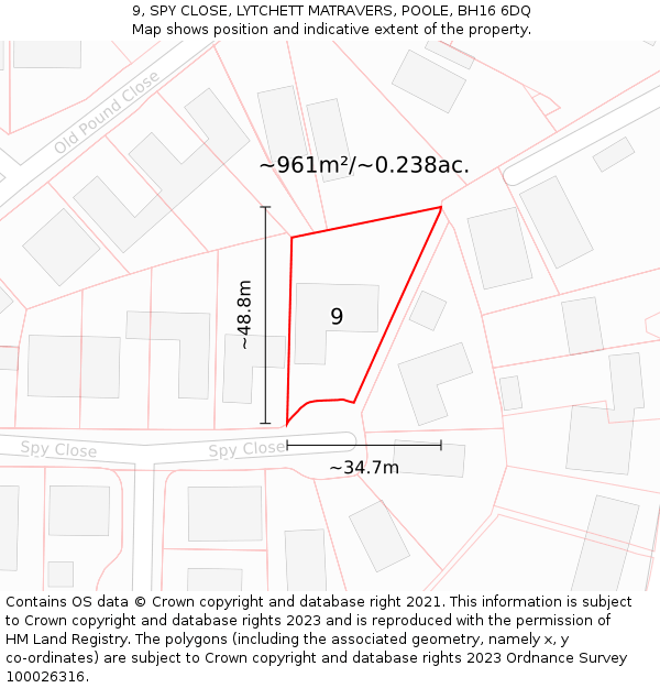 9, SPY CLOSE, LYTCHETT MATRAVERS, POOLE, BH16 6DQ: Plot and title map