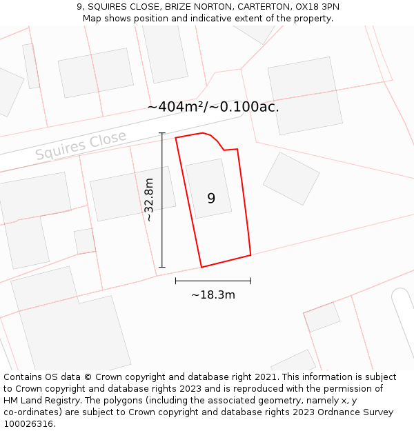 9, SQUIRES CLOSE, BRIZE NORTON, CARTERTON, OX18 3PN: Plot and title map