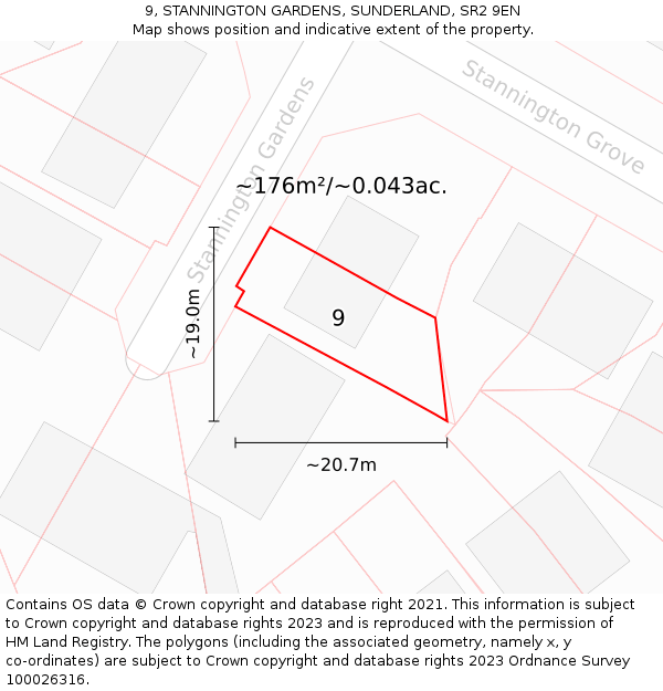 9, STANNINGTON GARDENS, SUNDERLAND, SR2 9EN: Plot and title map