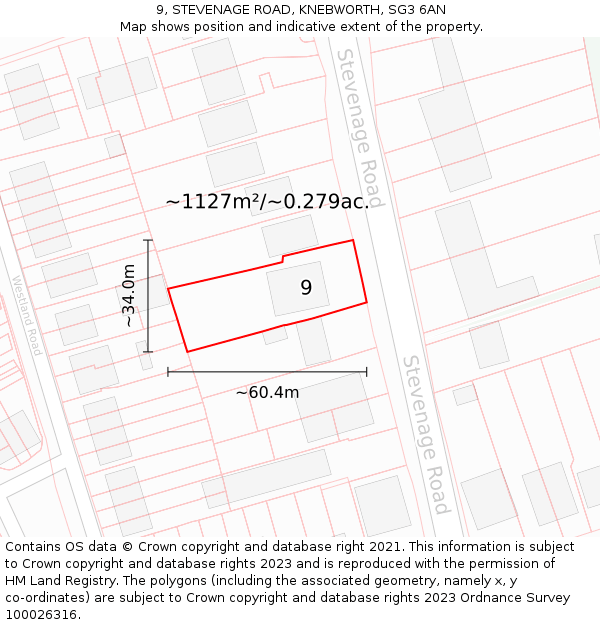 9, STEVENAGE ROAD, KNEBWORTH, SG3 6AN: Plot and title map