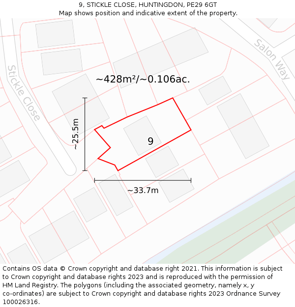 9, STICKLE CLOSE, HUNTINGDON, PE29 6GT: Plot and title map