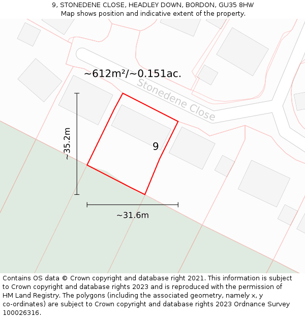 9, STONEDENE CLOSE, HEADLEY DOWN, BORDON, GU35 8HW: Plot and title map