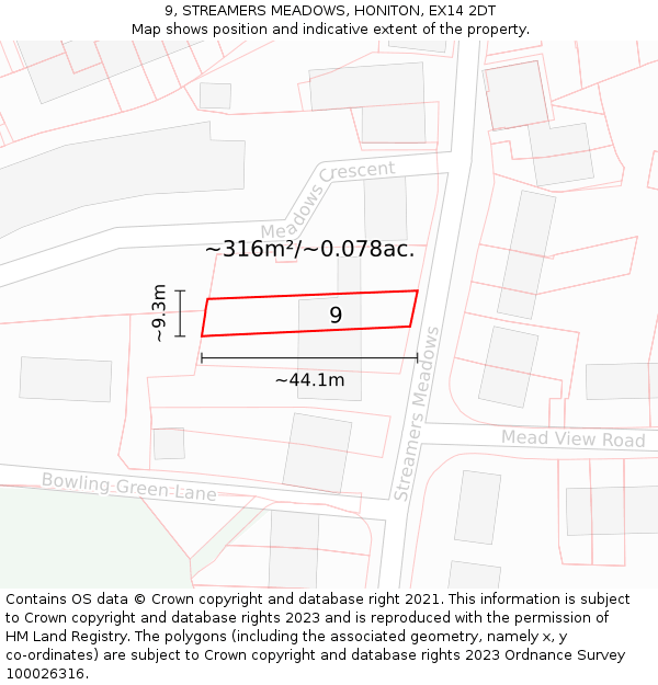 9, STREAMERS MEADOWS, HONITON, EX14 2DT: Plot and title map