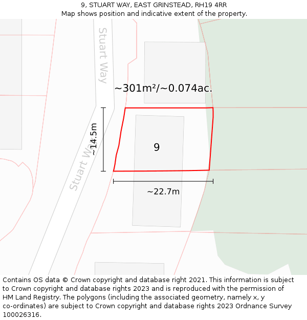 9, STUART WAY, EAST GRINSTEAD, RH19 4RR: Plot and title map