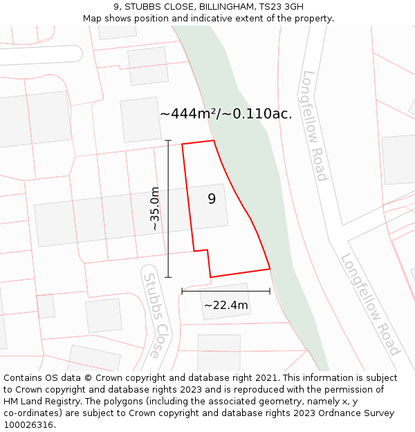 9, STUBBS CLOSE, BILLINGHAM, TS23 3GH: Plot and title map