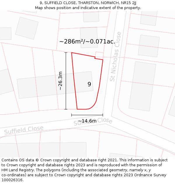9, SUFFIELD CLOSE, THARSTON, NORWICH, NR15 2JJ: Plot and title map