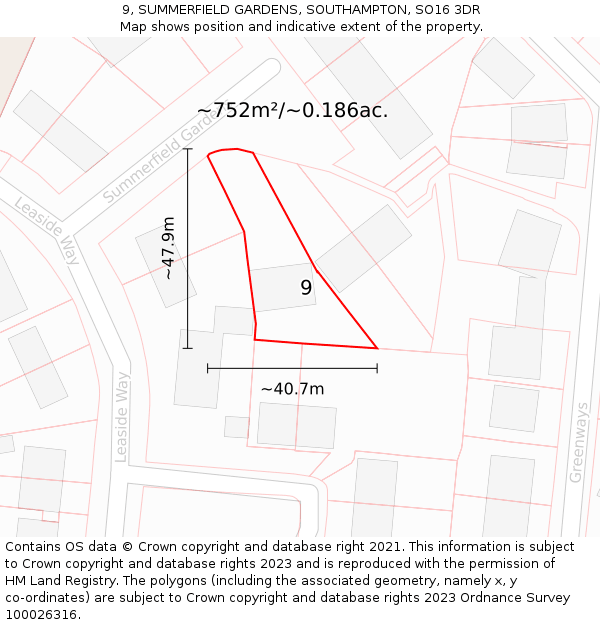 9, SUMMERFIELD GARDENS, SOUTHAMPTON, SO16 3DR: Plot and title map