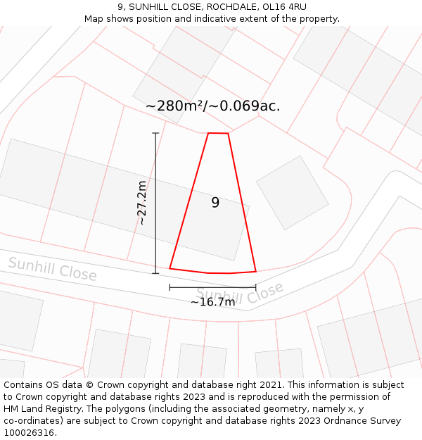 9, SUNHILL CLOSE, ROCHDALE, OL16 4RU: Plot and title map