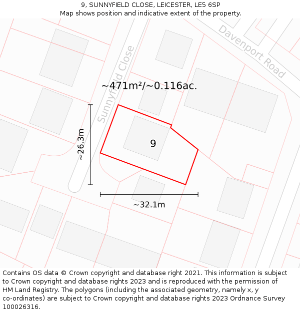 9, SUNNYFIELD CLOSE, LEICESTER, LE5 6SP: Plot and title map
