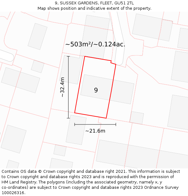 9, SUSSEX GARDENS, FLEET, GU51 2TL: Plot and title map