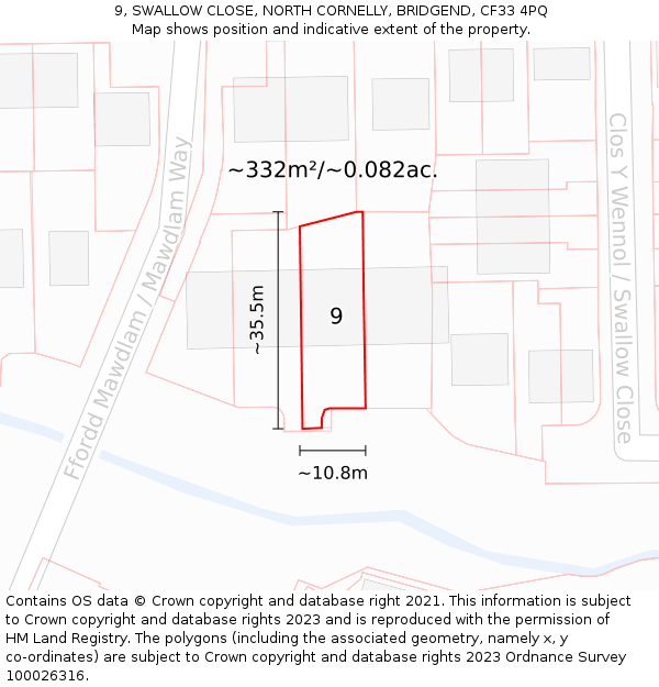 9, SWALLOW CLOSE, NORTH CORNELLY, BRIDGEND, CF33 4PQ: Plot and title map