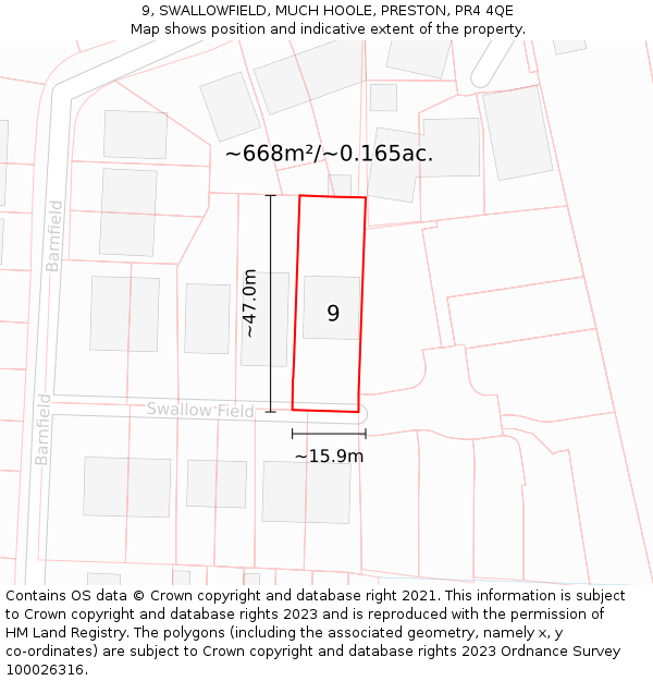 9, SWALLOWFIELD, MUCH HOOLE, PRESTON, PR4 4QE: Plot and title map